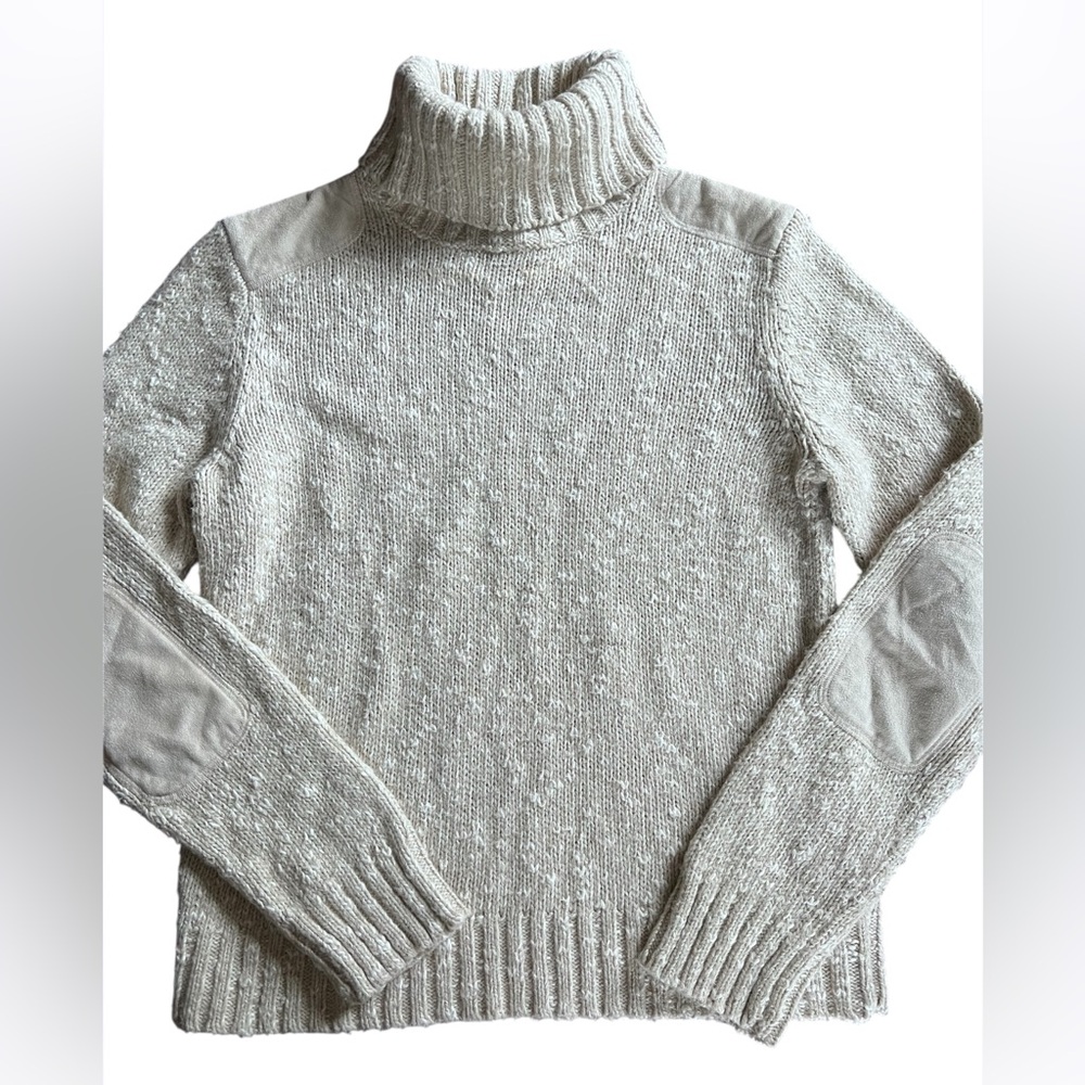Ralph Lauren Oatmeal Cream Rollneck Wool Blend Sweater Suede Elbows Size Medium